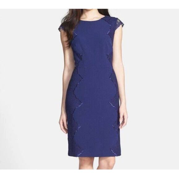 Adrianna Papell Navy Blue Lace Mix Media Sheath Dress Size 2 π Elegant - Picture 4 of 7